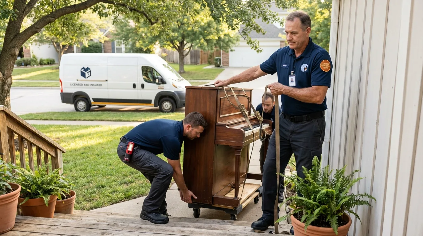 Licensed piano movers securing grand piano in Bishop, CA