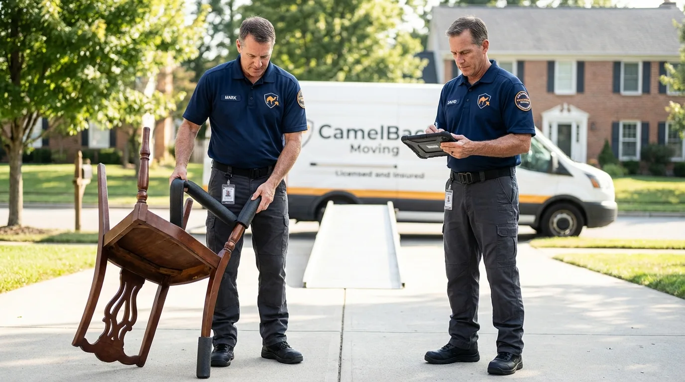 Movers inspecting furniture for damage prevention before loading in Bishop, CA