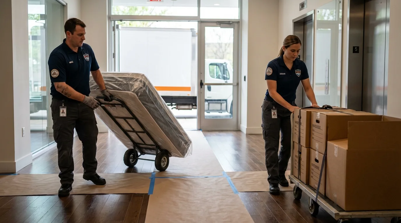 Professional apartment movers loading elevator in Bishop, CA