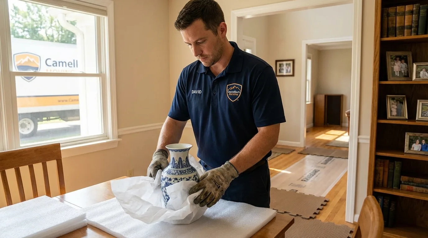 Professional crew carefully wrapping antique vase for senior downsizing move in Bishop, CA