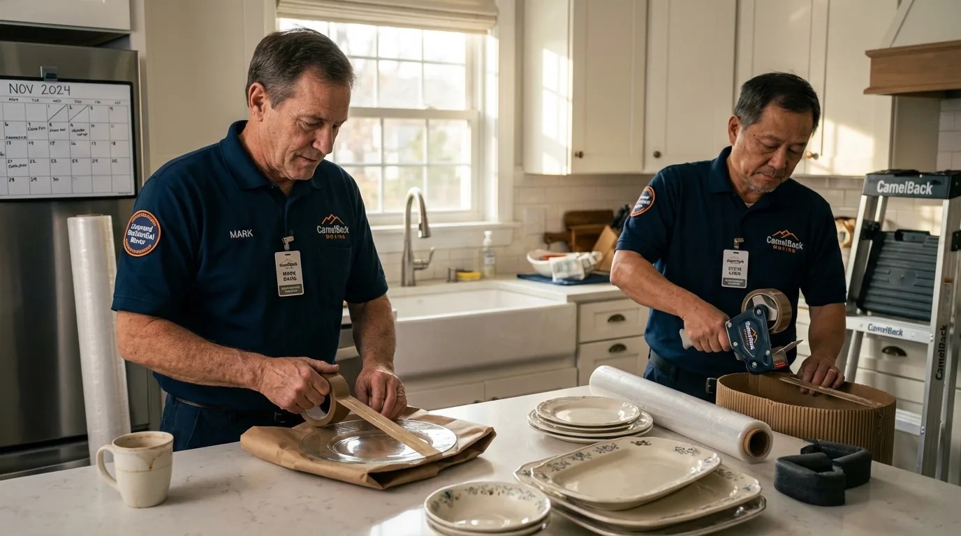 Professional crew packing kitchen dishware in Bishop, CA